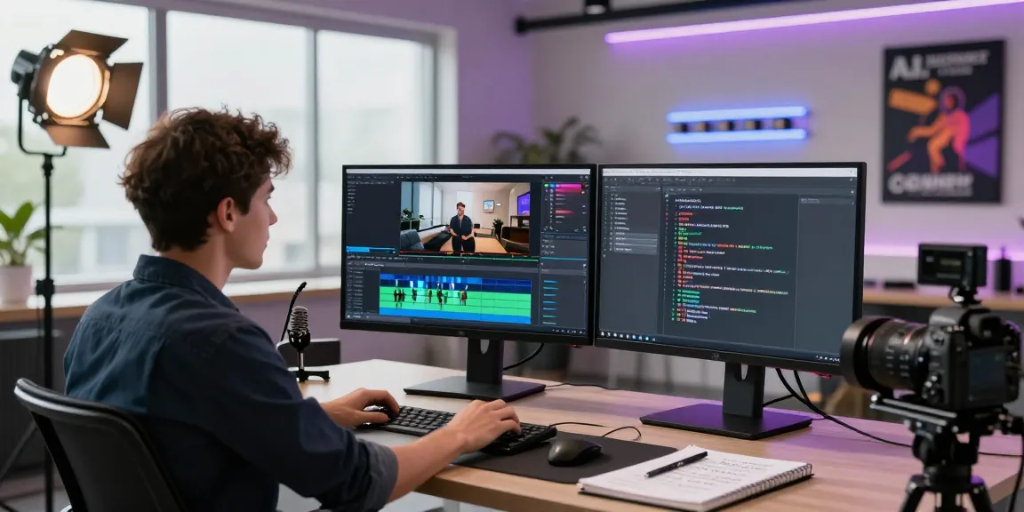 Video content creator using prompt ai tools in a modern workspace, editing video and refining AI-generated prompts.
