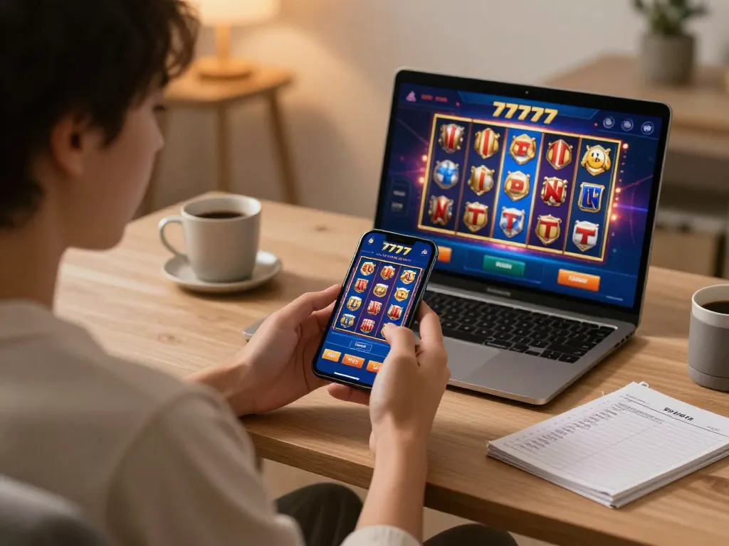 Enjoy spinning slot777 reels on a smartphone in a cozy home setup with personalized strategy notes.