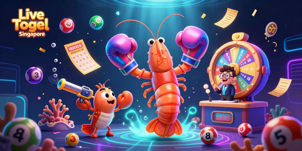 Experience Live Togel Singapore with vibrant, colorful lottery elements and dynamic shrimp characters.