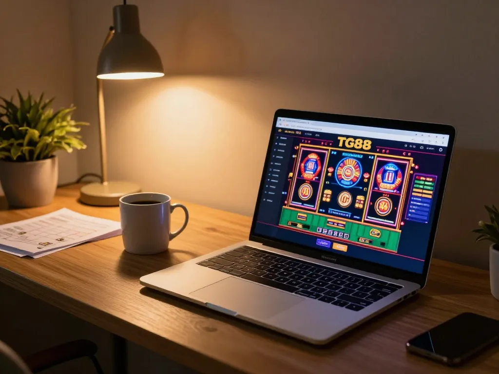 Engaging with TG88's online casino interface while enjoying a cozy home gaming experience
