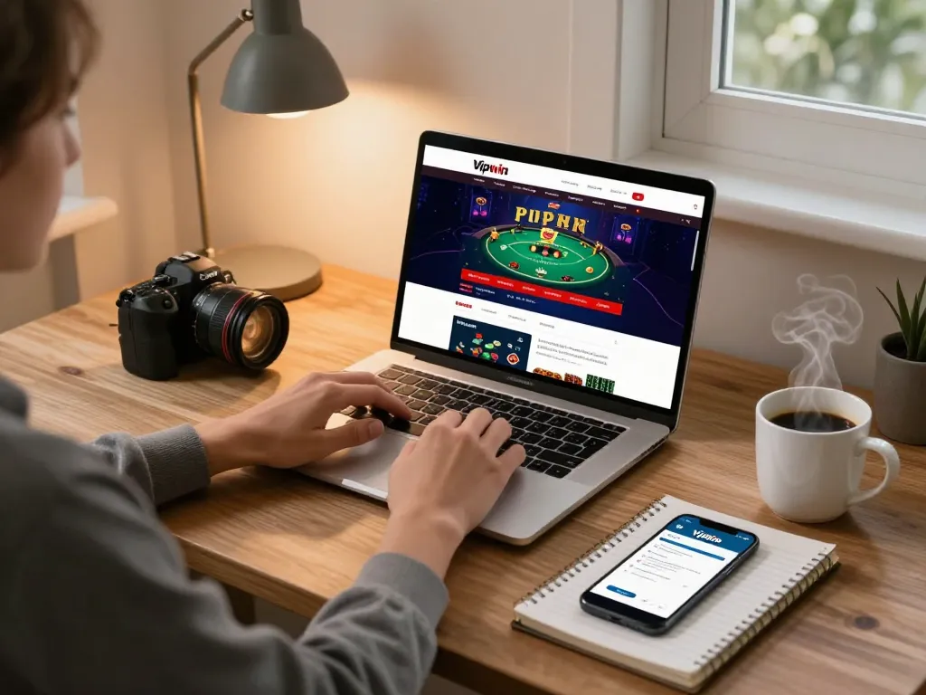 Player strategizing with Vipwin on laptop while enjoying a cozy home gaming setup