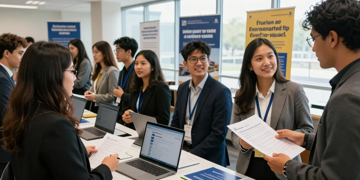 University and trade schools graduates networking at career fair engaging with employers in bright venue.