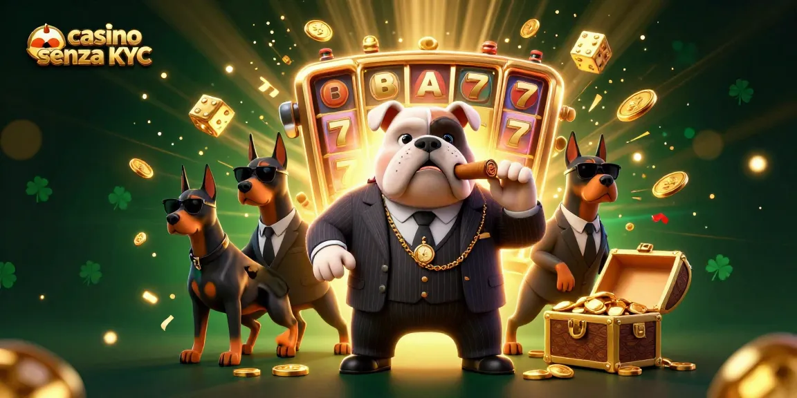 Vivi l'emozione con i casino senza KYC, con un bulldog mafioso e dobermann in giacca che sorvegliano l'azione dinamica delle slot machine.