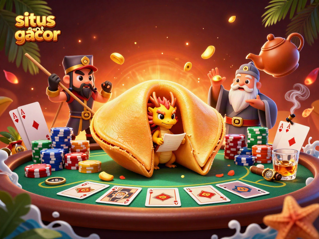 Engage in situs slot gacor fun, featuring a colorful casino scene with a golden fortune cookie and vibrant gaming elements.