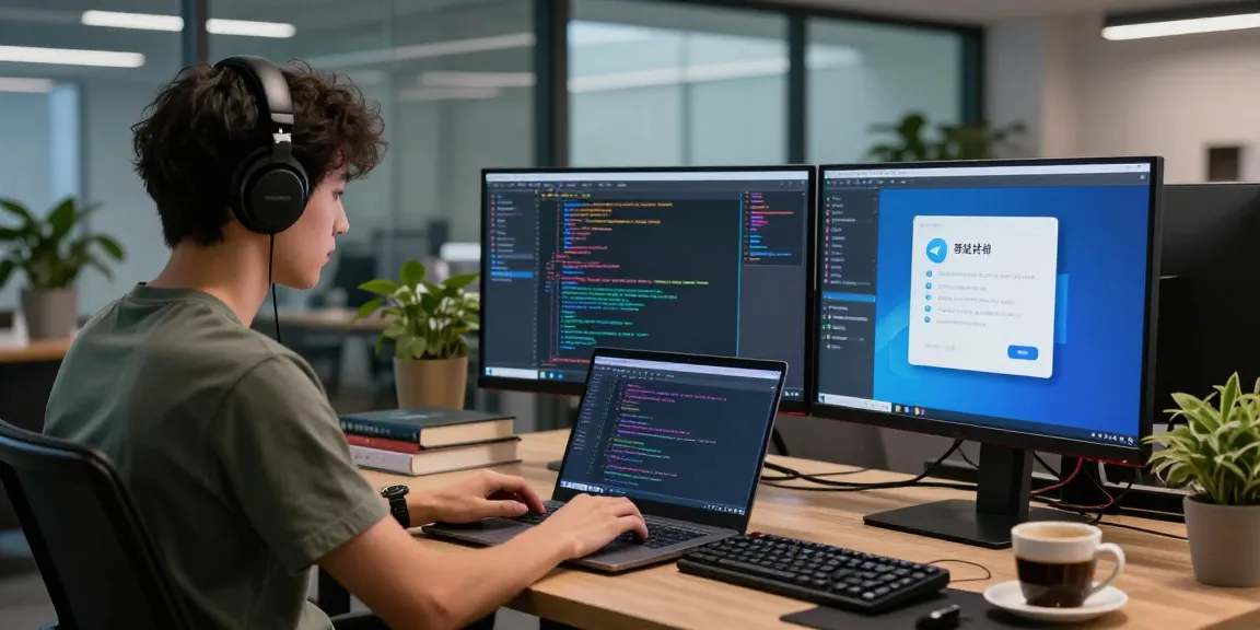 Developer coding on a laptop with Telegram中文 interface in a modern workspace.