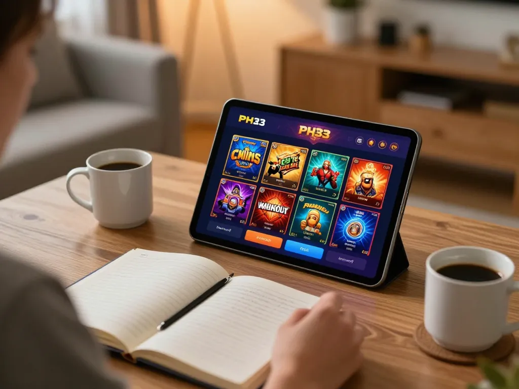 Engaging in online gaming at PH33 casino with a tablet showcasing dynamic games and strategies.