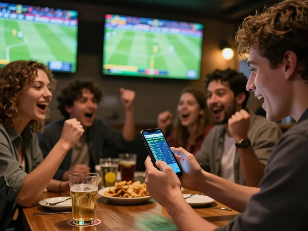 Bongdallu users engaging in live sports betting while watching a match in a lively sports bar atmosphere.