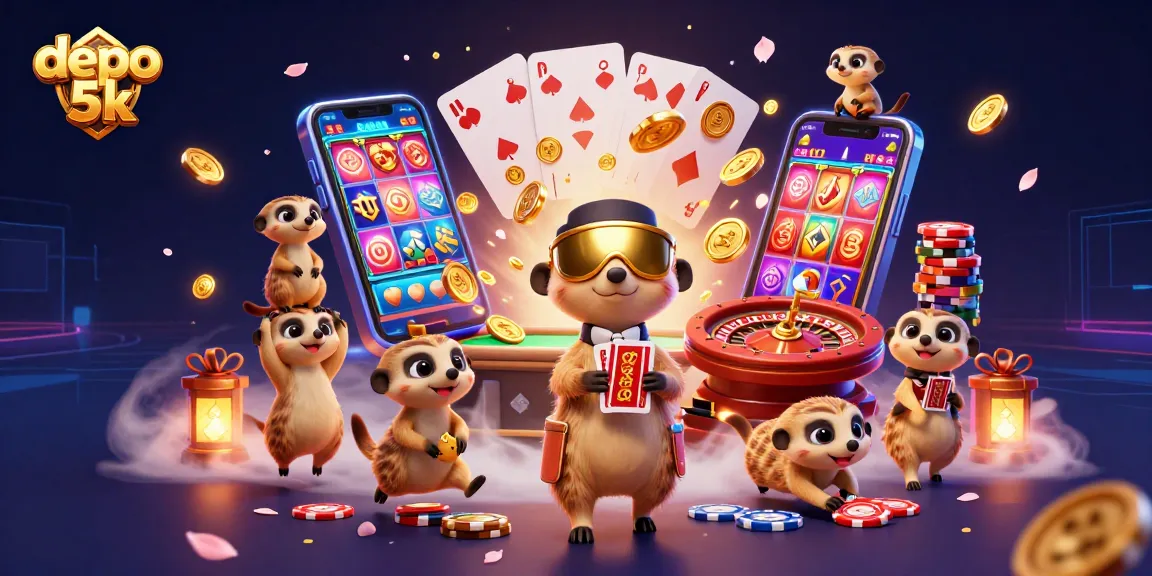 Play slots with depo 5k and enjoy thrilling casino adventures in colorful meerkat-themed illustration.
