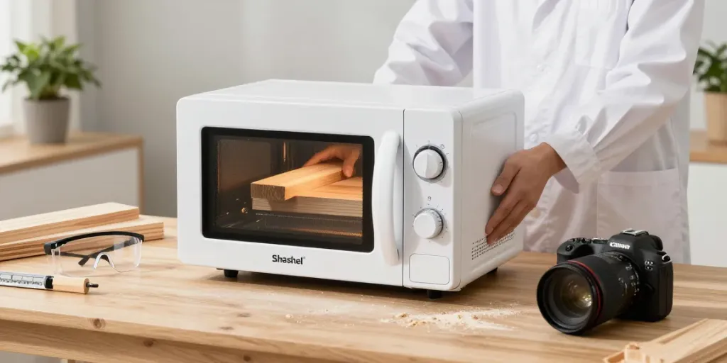 Shashel® microwave device demonstrating eco-friendly wood treatment technology.