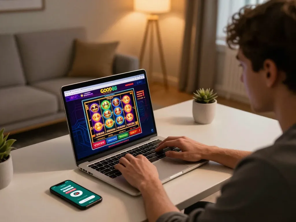Person engaging with GOOD88's online casino on a laptop, showcasing vibrant game graphics and a strategic focus.