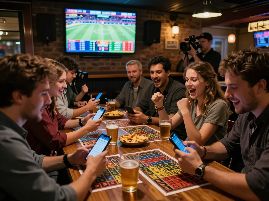 Friends enjoying thrilling sports betting at vaobet with excitement around a large screen