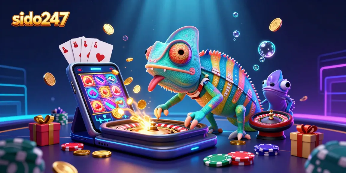 Experience the vibrant world of gambling with sido247, featuring a chameleon casino owner amidst slot games and golden coins.