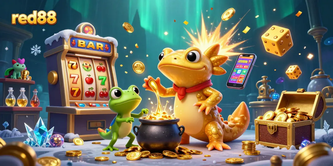 Experience the thrill of red88 with a vibrant scene of gold coins and slot machines.