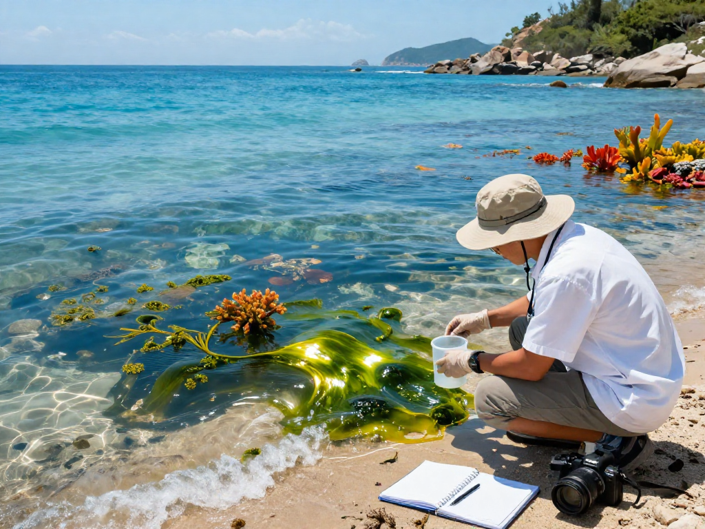 Marine biologist collecting water samples highlighting microalgae astaxanthin in a vibrant coastal ecosystem.