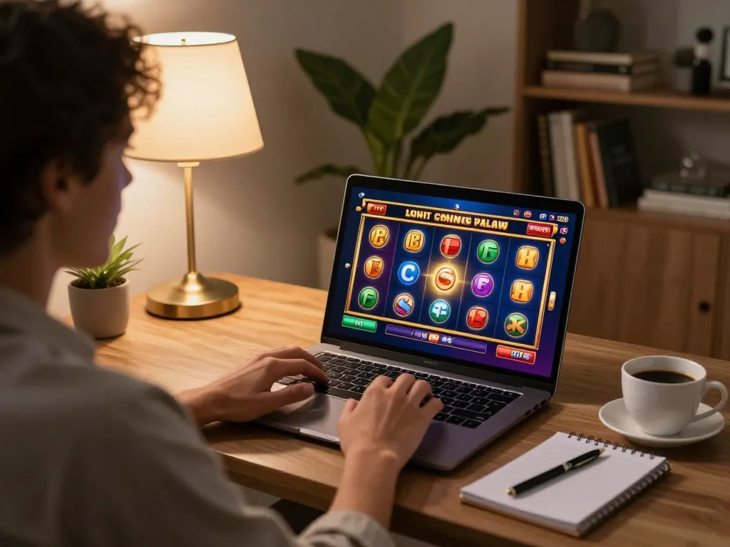 A player engaging with a white label casino game on a laptop, showcasing vibrant slot graphics in a cozy home setting.