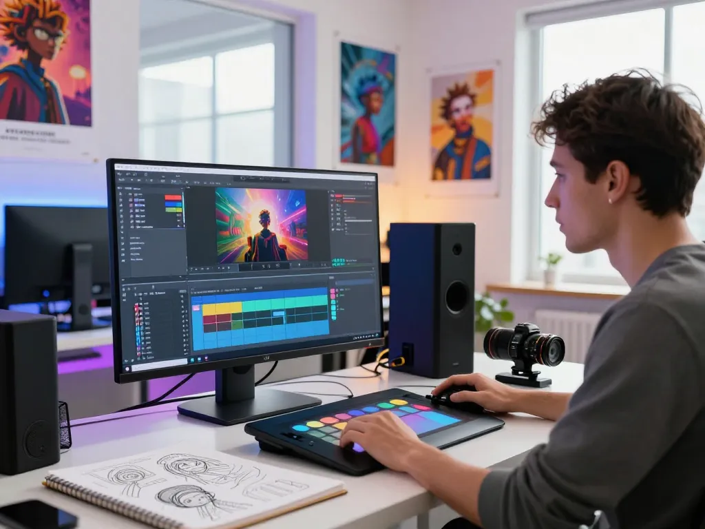 Creating video to prompt designs in a modern studio with vibrant lighting and digital tools.