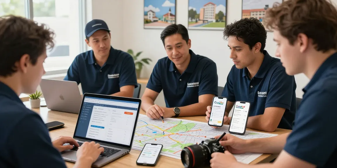 Contractor team strategizing Local SEO for contractors around a digital map with laptops and technology in a collaborative business setting.