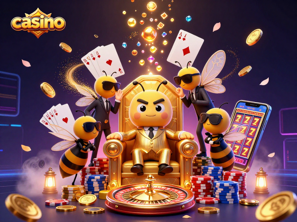 Experience excitement in this vibrant casino scene with a bumblebee mob boss and dazzling gaming elements.