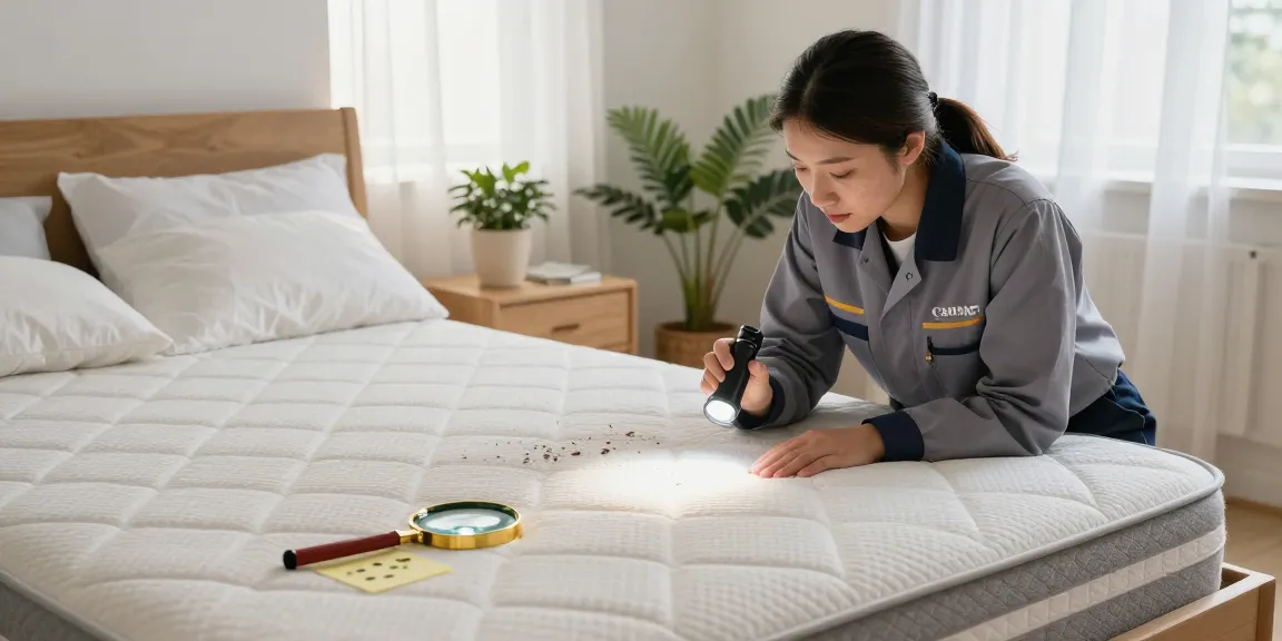 Bed bug removal inspection in a cozy bedroom by a professional expert finding signs of infestation.
