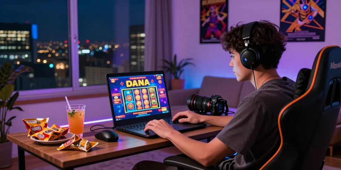Enjoying slot deposit dana gaming online with snacks and vibrant ambiance in a cozy home.