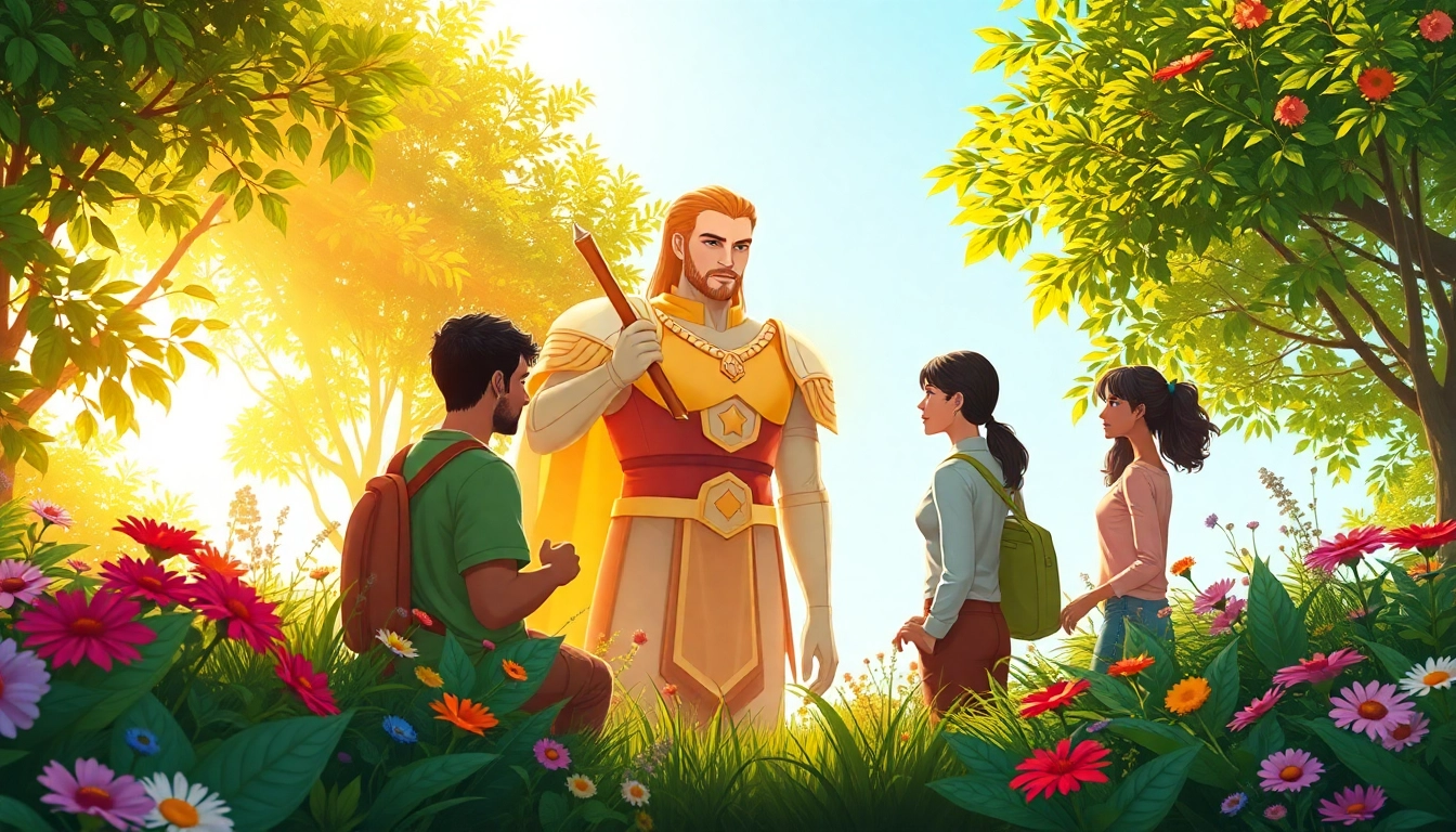 Enduring Guardian showcasing supportive individuals in a serene garden environment.