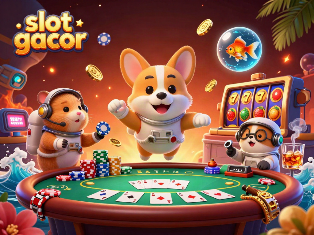 Engage with slot gacor action featuring a corgi, hamster, and goldfish inside a space station casino.