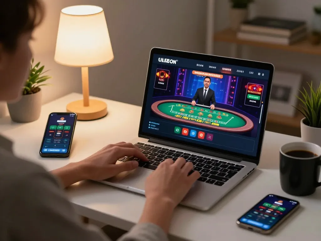 Sit at home gaming with a laptop displaying situs slot gacor, betting strategies, and a warm inviting atmosphere.