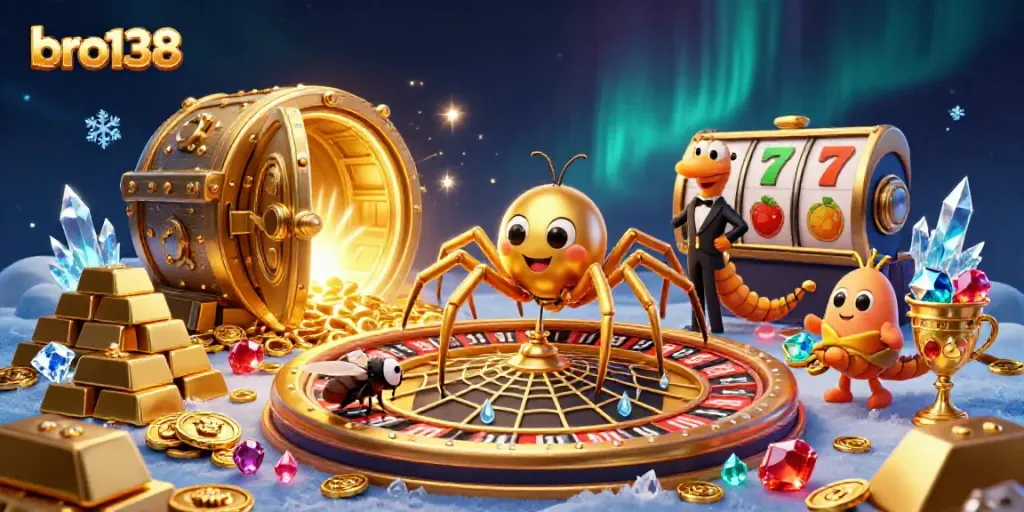 Engage in thrilling gameplay at bro138 with a golden spider and croupier in a dynamic casino scene.