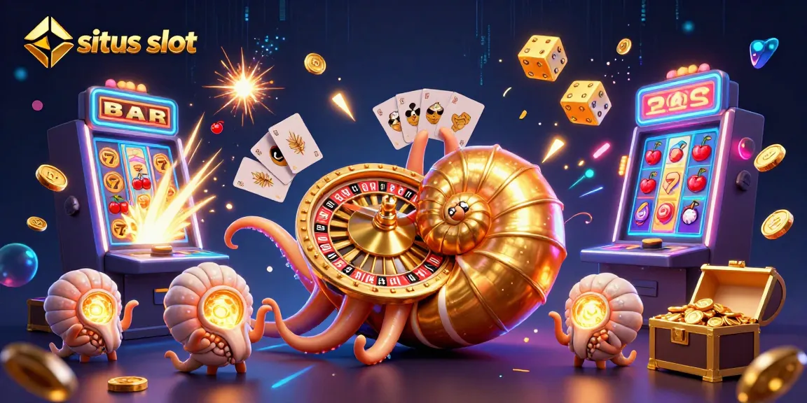 Experience the thrill of situs slot with a vibrant illustration featuring a giant nautilus and a jackpot explosion of coins.
