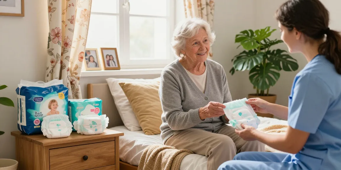 Comfortable bedroom scene showcasing 成人紙尿褲 as caregiver explains features, emphasizing elderly care.
