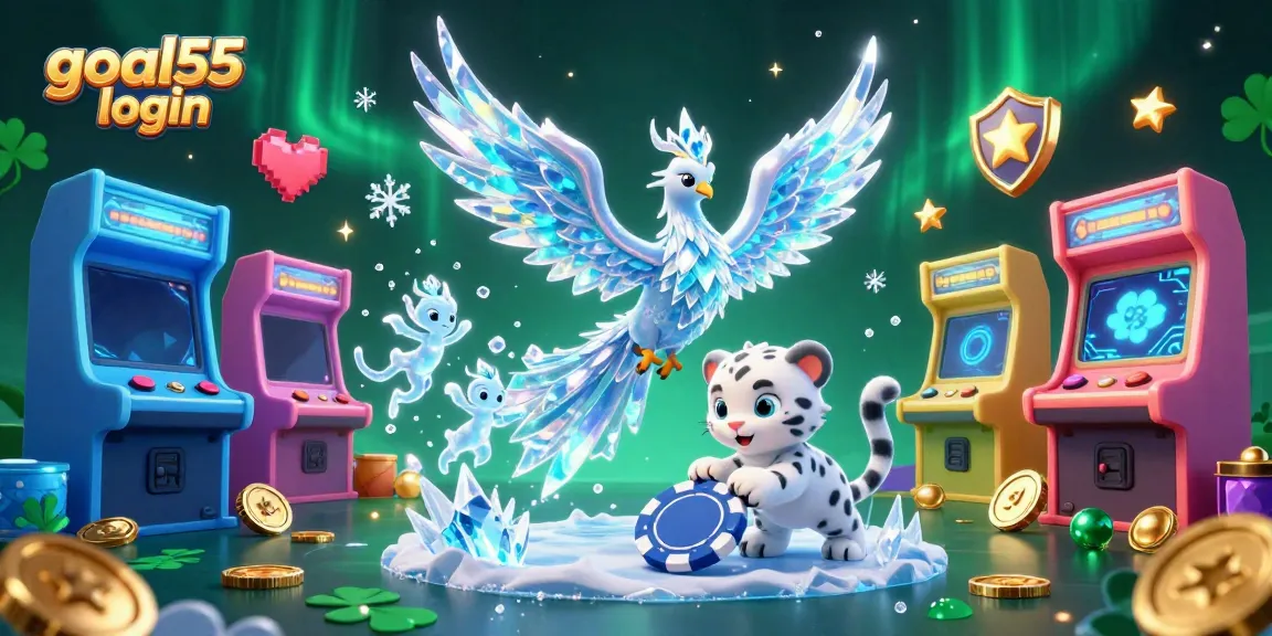 Gambar interaktif goal55 login menampilkan phoenix es, anak macan tutul, dan sprite es dalam suasana kasino yang meriah.