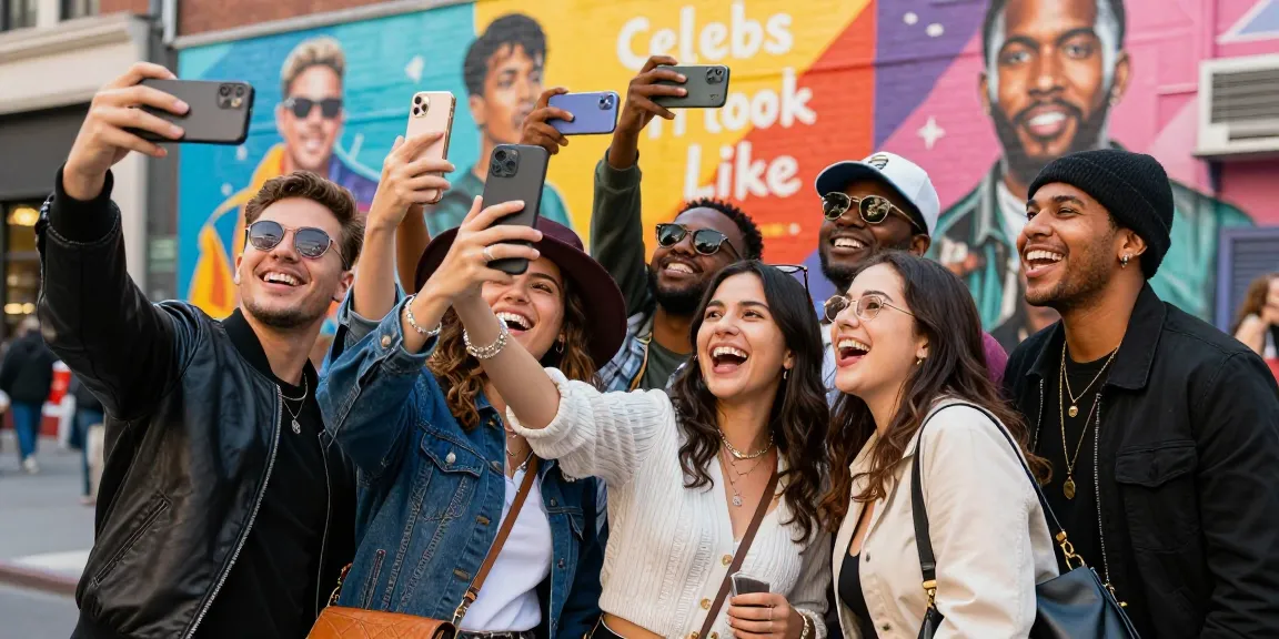 Friends enjoying a lively moment discovering celebs I look like against a colorful mural backdrop.