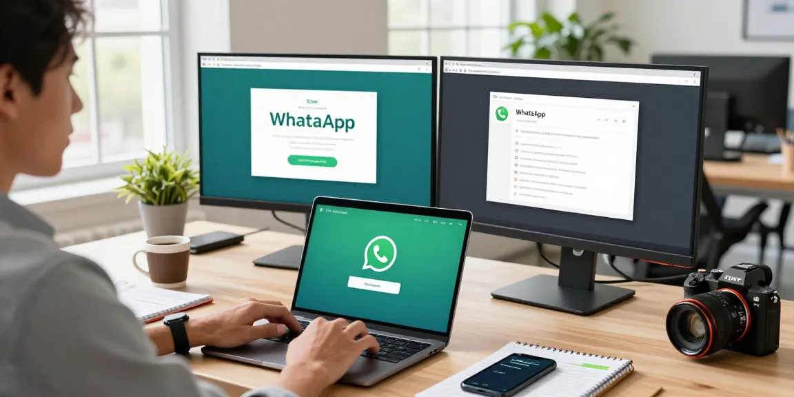 Dynamic tech workspace showcasing WhatsApp網頁版 usage with dual monitors and organized desk.