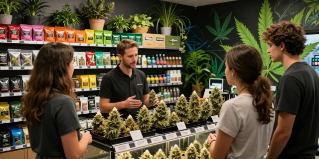 Explore the vibrant Alien Labs Biskanté strains with expert budtender in a modern dispensary.
