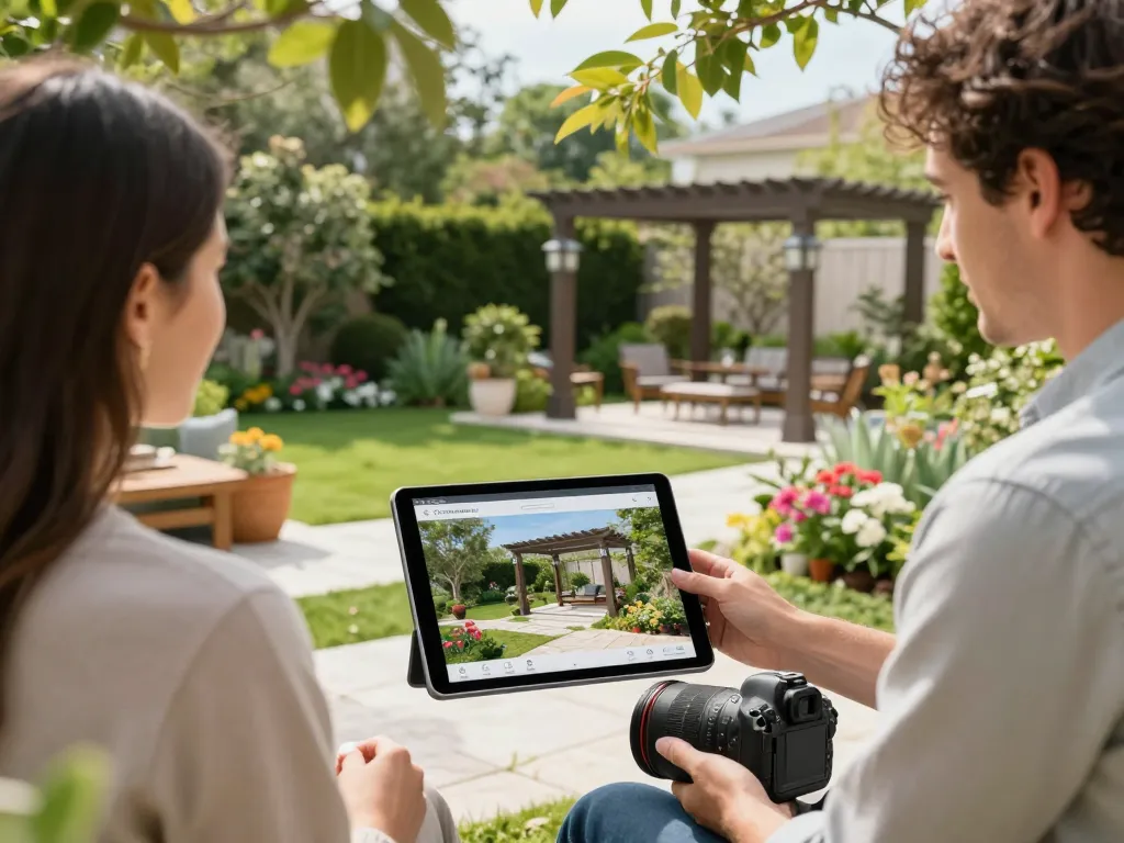 A professional using a 3D Pergola Configurator on a tablet, showcasing pergola designs in a lush garden setting with vibrant flowers.