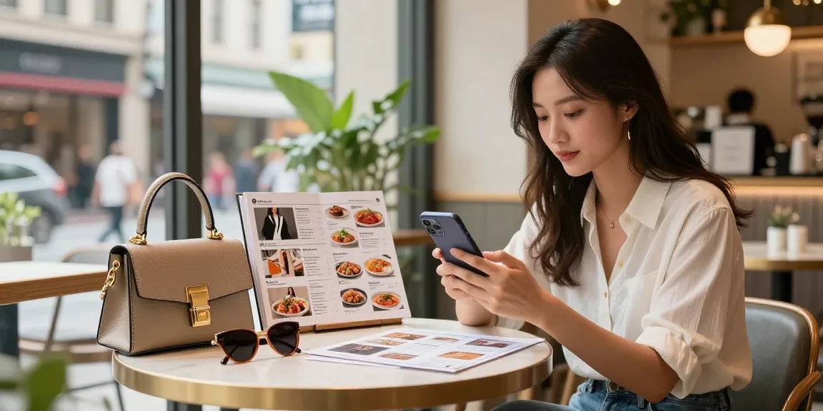 Young woman engaging with high-quality 레플리카 fashion items at a stylish cafe, showcasing urban e-commerce lifestyle.