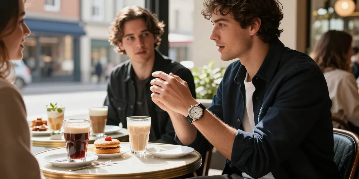 Replica watch displayed elegantly on a fashionable wrist, enjoying a chic café setting with friends.