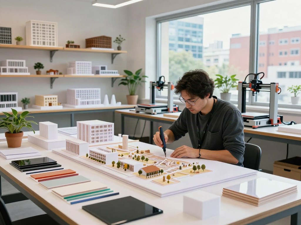Architectural model maker Europe constructing detailed urban models in a modern workshop.