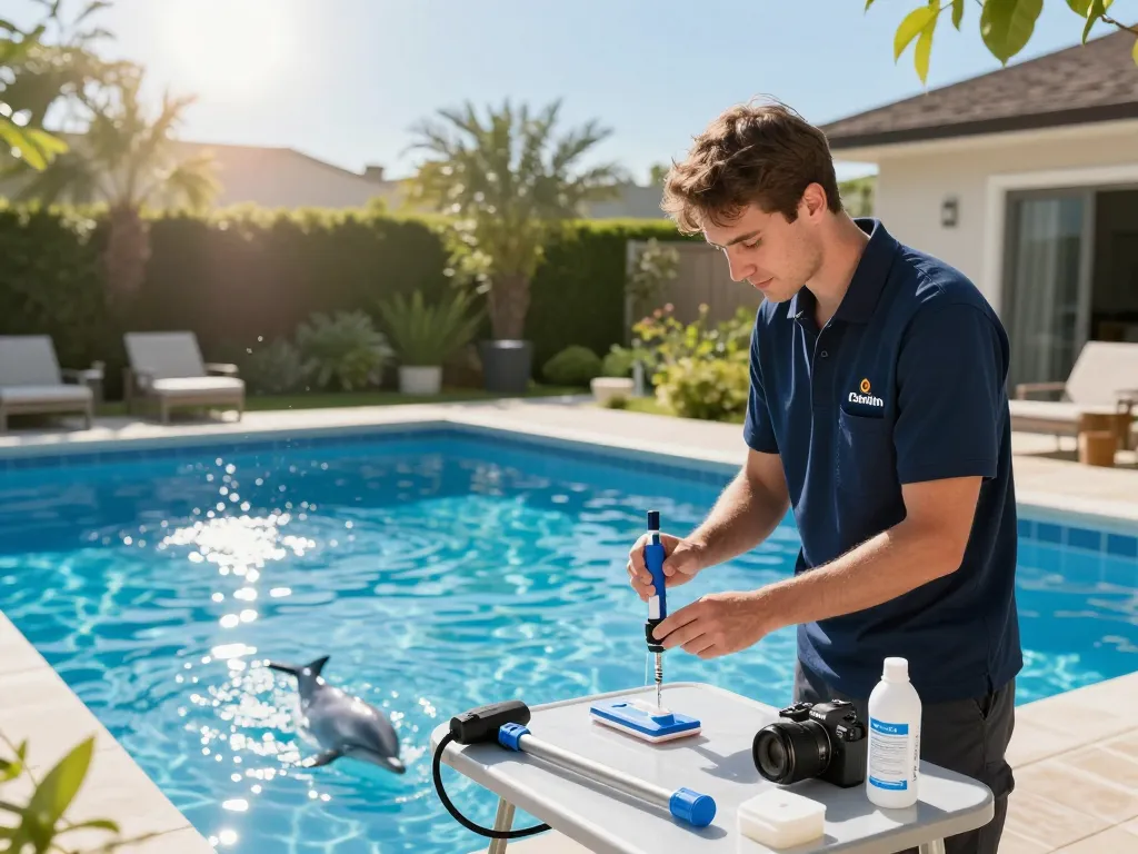 Dolphin Pool Services technician performing pool maintenance in a sunny backyard oasis with lush greenery.