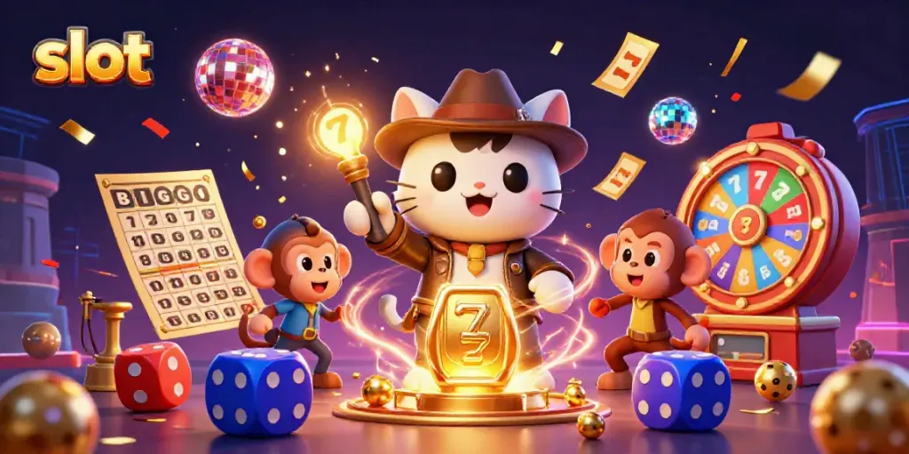 Engaging 3D illustration depicting a cat explorer finding slot treasures with dynamic casino elements.