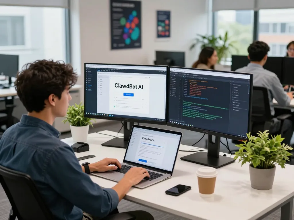 Developer using ClawdBot AI on dual monitors in a modern office setup, showcasing productivity and innovation.
