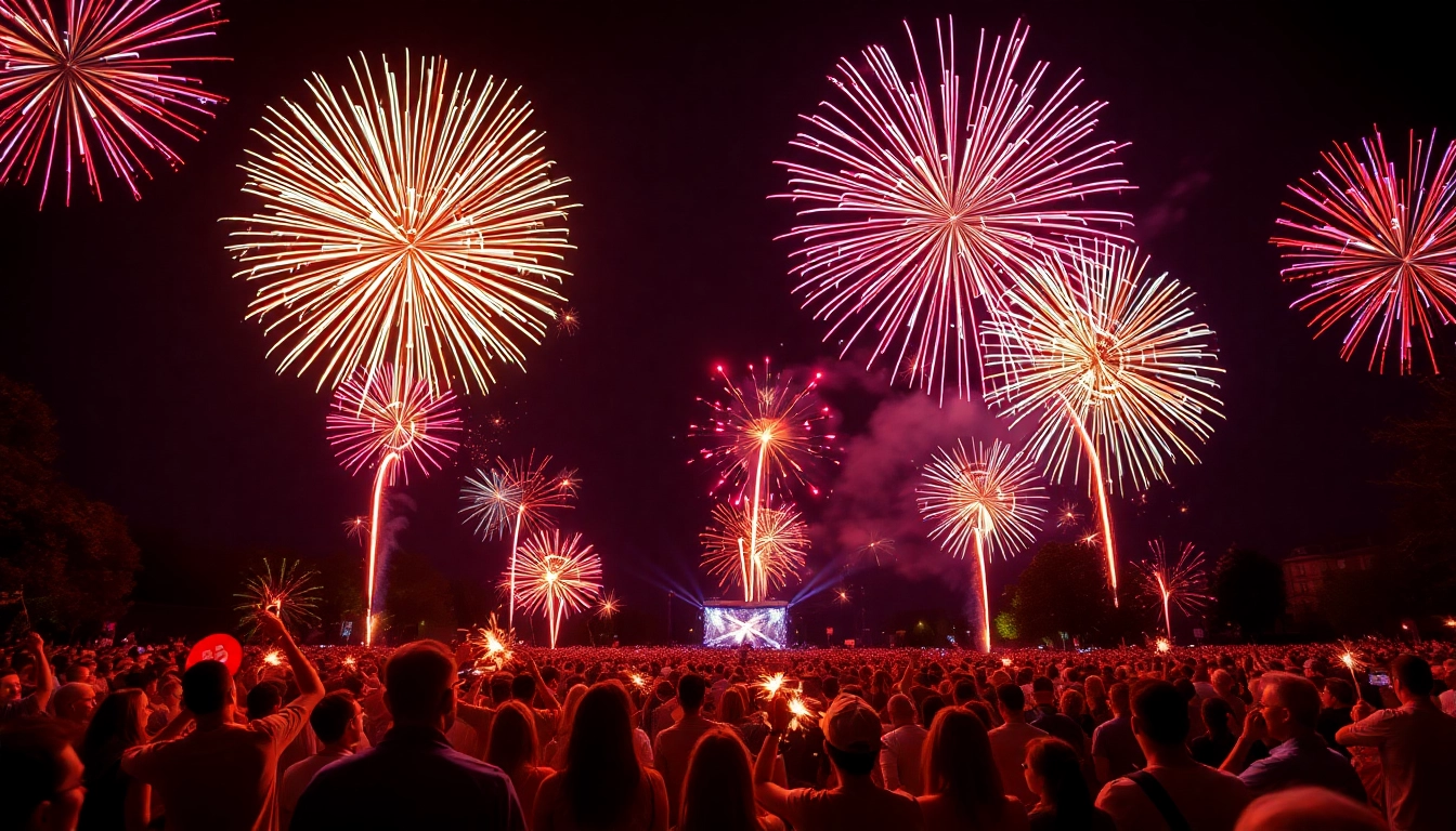 Brilliant fireworks uk display illuminating the sky, captivating an excited crowd during a festive event.