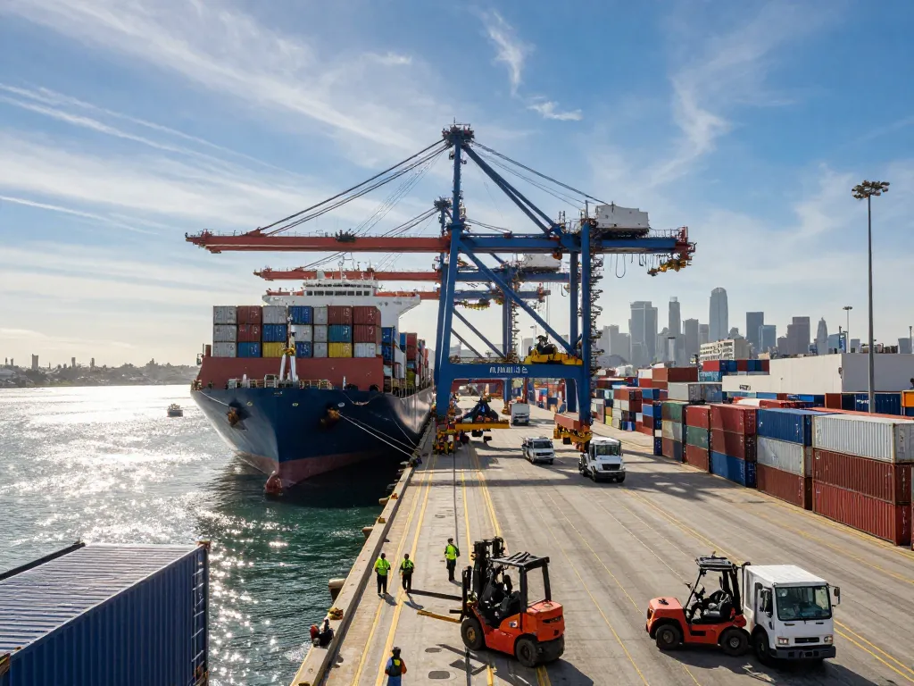Container loading activities at the bustling US port with cranes and ships in the background.
