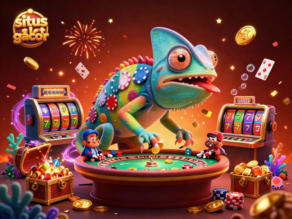 Engaging scene showcasing situs slot gacor with a colorful chameleon casino owner, slot reels, and festive confetti.