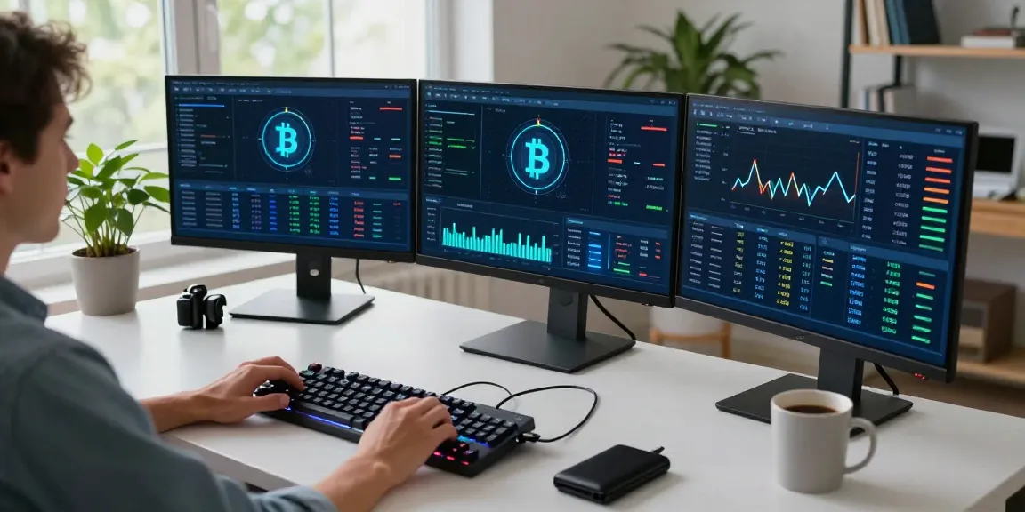 Engaged in bitcoin mining, a cryptocurrency trader analyzes performance metrics on a multi-monitor setup in a modern tech workspace.