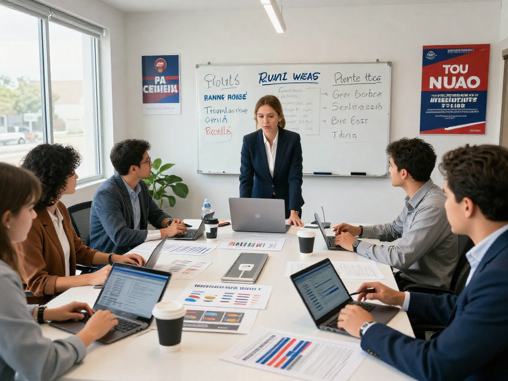 Text to donate for campaigns displayed in a modern political office, showcasing teamwork and strategy.