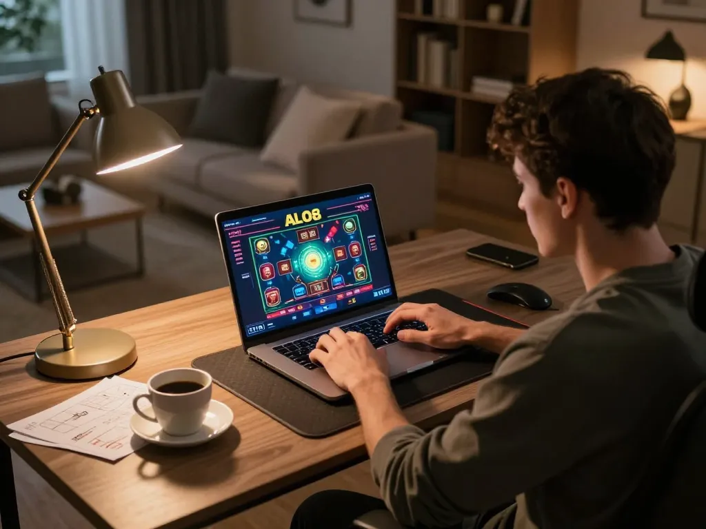 Player engaged in online ALO8 casino games at home, demonstrating strategic gambling.