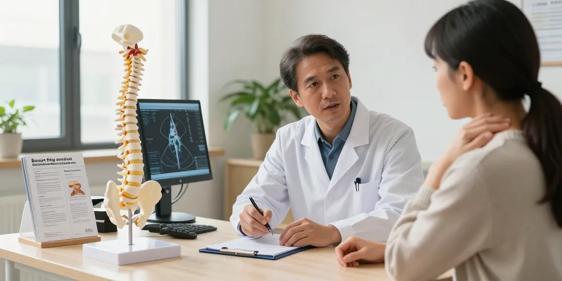 Boyun fıtığı ameliyatı consultation between a patient and an experienced surgeon, discussing treatment options in a modern clinic.