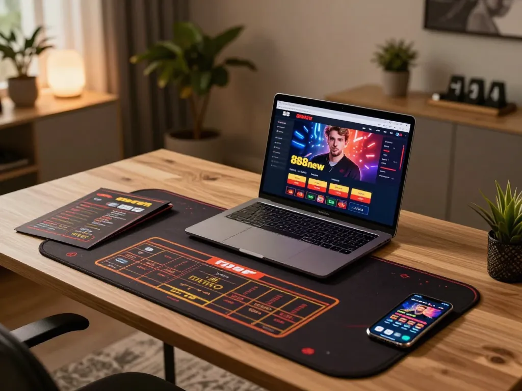Player engaging on the 888new platform with a strategic focus, illuminating online casino experience.