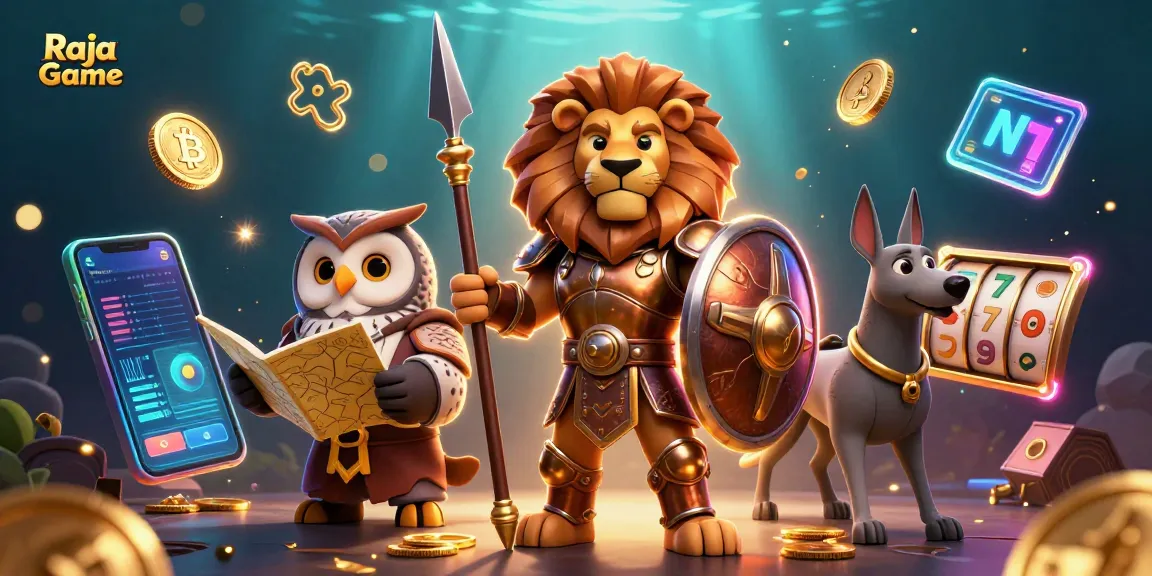 Play exciting games on Raja Game with a dynamic 3D illustration featuring a Spartan lion, owl strategist, and greyhound messenger.